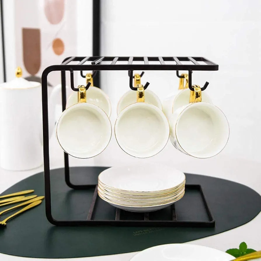 6 Hooks coffee cups rack in black,Metal Drying cups n saucer rack, Dining Table Stand Home and Kitchen Accessories