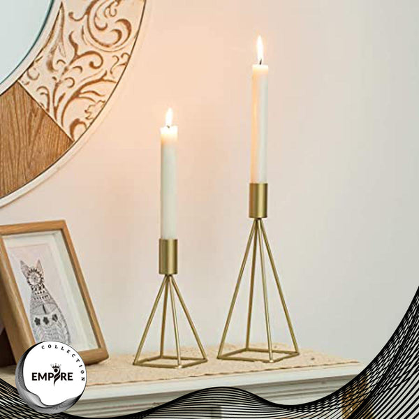 Elegant Geometric Wire Taper Candle Holders Candlestick Holder Set of 2, Modern Minimalist Decorative Centerpiece for Fireplace Mantel Coffee Tabletop Counter, Gold Finish which Enhance the Look Made By EMPIRE COLLECTION