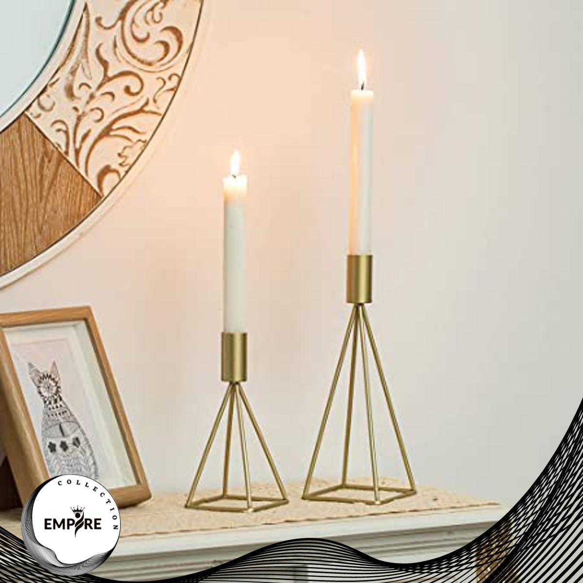Elegant Geometric Wire Taper Candle Holders Candlestick Holder Set of 2, Modern Minimalist Decorative Centerpiece for Fireplace Mantel Coffee Tabletop Counter, Gold Finish which Enhance the Look Made By EMPIRE COLLECTION